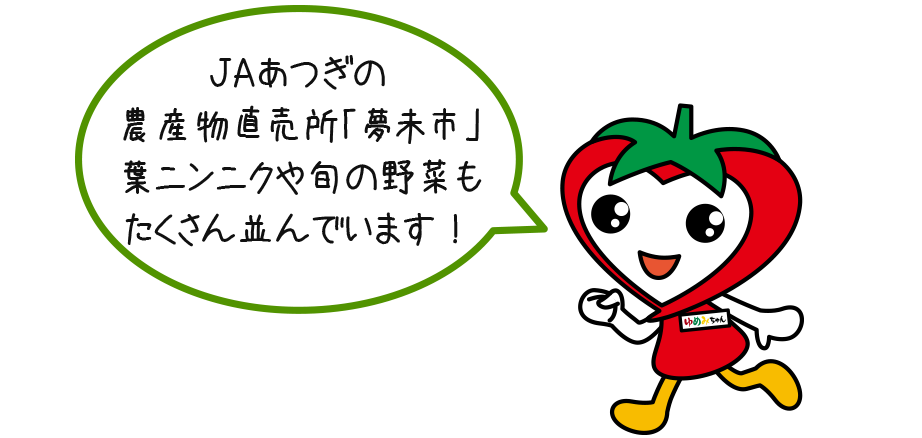 ゆめみちゃん「JAあつぎの農産物直売所「夢未市」葉ニンニクや旬の野菜もたくさん並んでいます！」