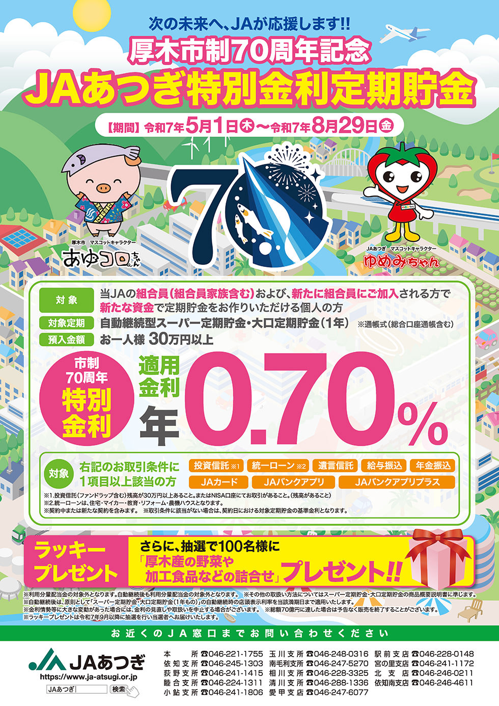 厚木市市制70周年記念 JAあつぎ特別金利定期貯金