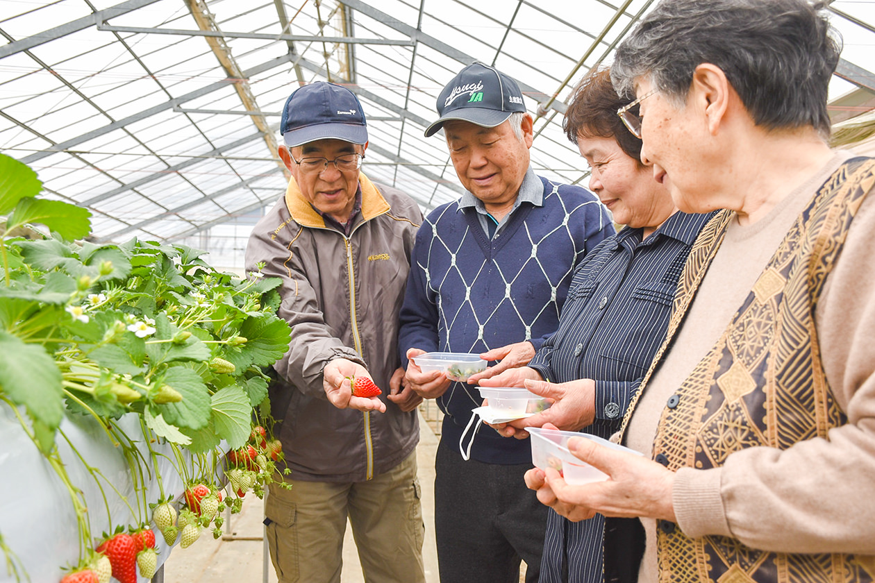 生産者（左）から「かなこまち」の特徴を学ぶ会員の写真