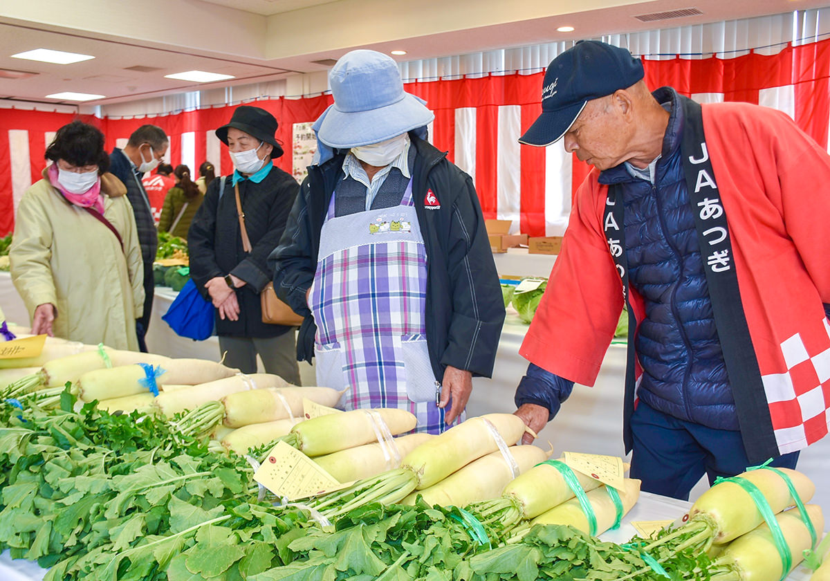 相川地区　生産者の自信作が並ぶ品評会会場の写真