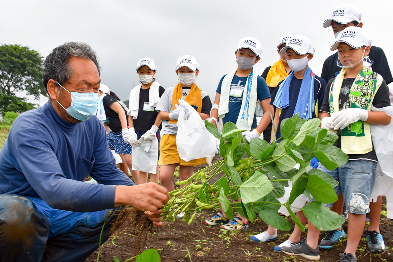 生産者からエダマメの特徴を学ぶスクール生の写真