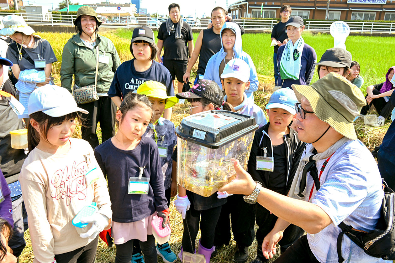 見つけた生き物を観察する参加者の写真