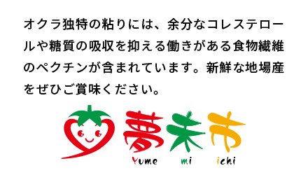 オクラ独特の粘りには、余分なコレステロールや糖質の吸収を抑える働きがある食物繊維のペクチンが含まれています。新鮮な地場産をぜひご賞味ください。
