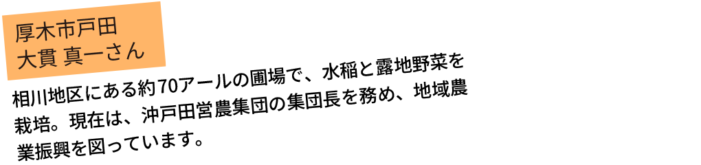 相川地区にある約70アールの圃場で、水稲と露地野菜を栽培。現在は、沖戸田営農集団の集団長を務め、地域農業振興を図っています。