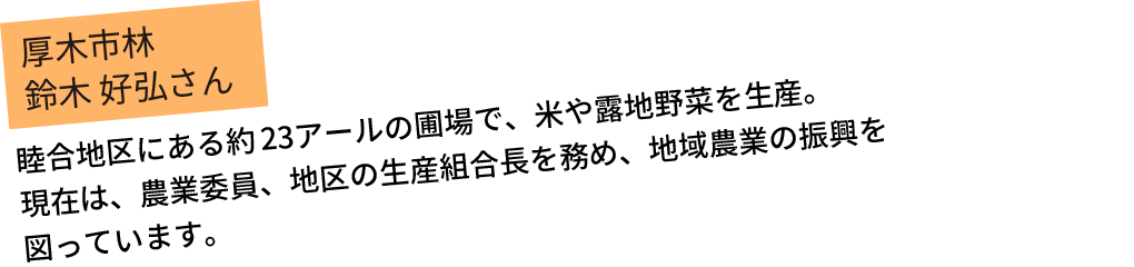 荻野地区にある約60アールの圃場で、水稲や露地野菜、果樹を生産。収穫の喜びを感じながら年間を通して農業にいそしんでいます。
